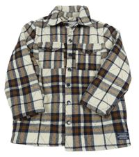 Bílo-hnědo-tmavomodrá kostkovaná vlněná zateplená košilová bunda Topolino