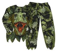 Kostým - 2Set - Černo-zeleno-khaki triko s dinosaurem a listy + kalhoty F&F