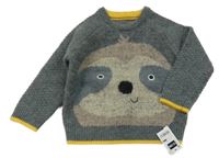 Nové - tmavošedo/žlutý melírovaný sveter s lenochodem St. Bernard