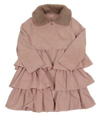 Staroružový šušťákový jarný kabát s volánikmi a kožušinovým golierikom SHEIN