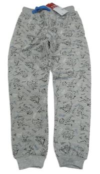 Nové - šedé melírované tepláky s dinosaury Kiki&Koko