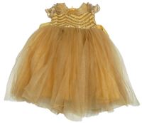 Zlato-tmavožluté tylovo/saténové slavnostní šaty s flitry 