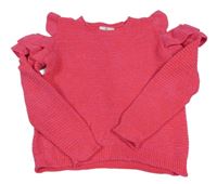 Tmavoružový rebrovaný žinylkový sveter s volnými rameny a volánikmi M&S