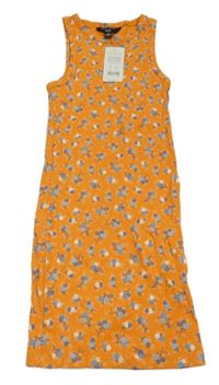 Nové - oranžové rebrované elastické šaty s kvietkami New Look