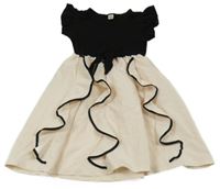 Světlepudrovo-černé šaty s volánky a mašlí a žebrováním 