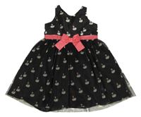 Černé šusťákovo/tylové šaty s labutěmi a mašlí H&M