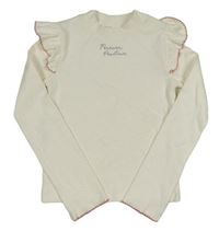 Smetanové žebrované triko s nápisem a volánky River Island