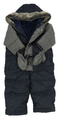Tmavomodro-sivá melírovaná šušťáková zimná kombinéza s kapucí + rukavice Mothercare