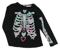 Černé triko s kostrou a srdíčky Pep&Co