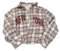 Bílo-víovo-modrá kostkovaná crop halenka s nápisem a všitým tričkem Zara