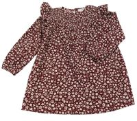 Vínové květované šaty s volánky Mango