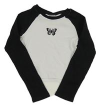 Bielo-čierne rebrované crop tričko s motýlom Y.F.K.