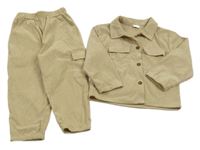 2set - Béžová žebrovaná košilová bunda + kalhoty s kapsou