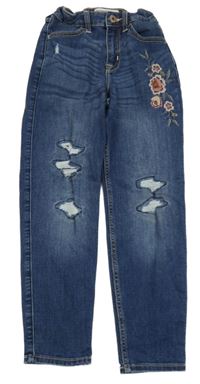 Tmavomodré rifle s výšivkami květin a prošoupáním Abercrombie&Fitch