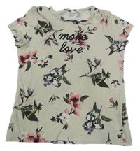 Béžové kvetované tričko s nápisom H&M