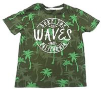 Kaki-zelené tričko s palmami a nápisom H&M