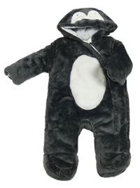 Tmavošedo-biela plyšová zateplená kombinéza s kapucí - tučňák F&F