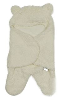 Bílý huňatý zavinovací fusak do autosedačky s kapucí 