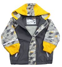 Tmavošedo-sivo-horčicová nepromokavá jarná lehce zateplená bunda s kapucňou a nápismi Lupilu