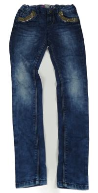 Tmavomodré skinny rifle s flitry 