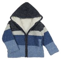 Tmavomodro-bílo-světlemodrý propínací vlněný zateplený svetr s kapucí Nutmeg