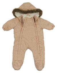 Svetloružová šušťáková zimná kombinéza s hviezdami a kapucňou s kožešinou F&F