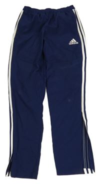 Tmavomodro-biele športové nohavice s pruhmi a logom Adidas