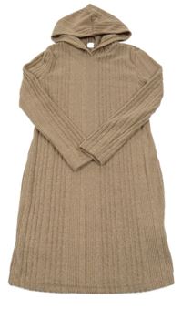 Béžové rebrované úpletové šaty s kapucňou Shein