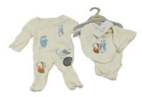Nové - 4set - Smotanový overal so zvířátky + smotanové body s králíčky + bryndák + čapica M&S