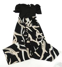 Čierno-bielo-svetloružový vzorovaný rebrovaný nohavicový overal s opaskom Shein