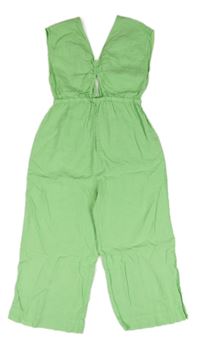 Světlezelený kalhotový lněný culottes overal Zara