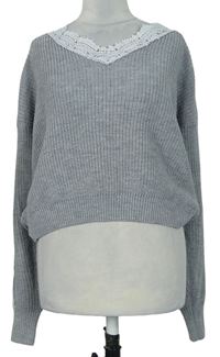 Dámsky sivý crop sveter s čipkou Shein