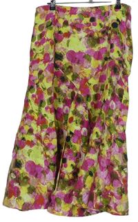 Dámska žlto-zeleno-ružová kvetovaná midi ľanová sukňa M&S