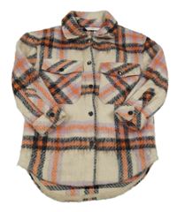 Smetanovo-ružovo-fialovo-čierna kockovaná vlnená košeľová bunda M&S