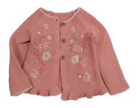 Růžový propínací svetr s výšivkami a flitry Mothercare