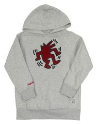 Sivá melírovaná mikina s potlačou a kapucňou