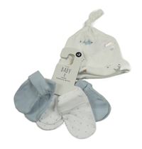 5set - Bílá čepice s pejsky + 4x modro-bílé rukavice- nové