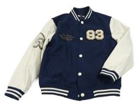 Tmavomodro-smetanová flaušovo/koženková baseballová bunda s nápisy H&M