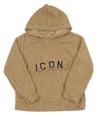 Béžová huňatá mikina s nápisom a kapucňou