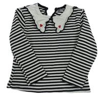 Černo-bílé pruhované žebrované triko s límcem