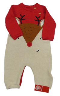 Nové - červeno-světlebéžový pletený overal se sobem St. Bernard