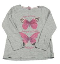 Šedé melírované triko s motýlky a nápisy dopodopo