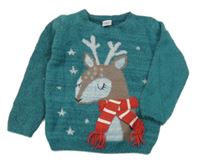 Modrozelený chlpatý sveter so sobom little kids