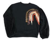 Černá mikina s duhou a flitry a plyšovými žebrovanými rukávy F&F