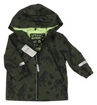 Nové - tmavokhaki kostkovaná šusťáková jarní bunda s kostrami dinosaurů a kapucí F&F