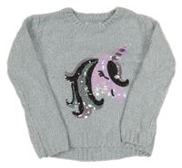 Světlemodrošedo-stříbrný melírovaný svetr s jednorožcem z flitrů Primark