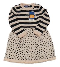 Nové - svetloružová -čierne pletené šaty s pruhmi a bodkami lupilu