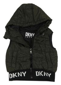 Tmavošedo-černá prošívaná šusťáková zateplená vesta s logy a kapucí DKNY