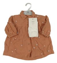 Nové - 2Set - Kakaové mušelínové propínací šaty s květy a límečkem + bílé punčocháče M&S