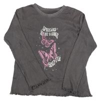 Nové - Tmavošedé žebrované triko s motýly a kamínky Dunnes